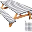 Picnic Table Cover with Bench Covers Windproof Waterproof Picnic Table Covers Camping Tablecloth with Self-Storage Bag, 72in, Light Grey