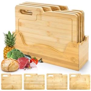 ZENFUN 4 Pack 12.5"L x 9.8"W Bamboo Cutting Boards with Holder, Wood Cutting Board Set, Chopping Boards Set with Food Icons, Kitchen Cutting Board Ideal for Meat, Fish, Bread, Vegetable, Fruit One is Broken