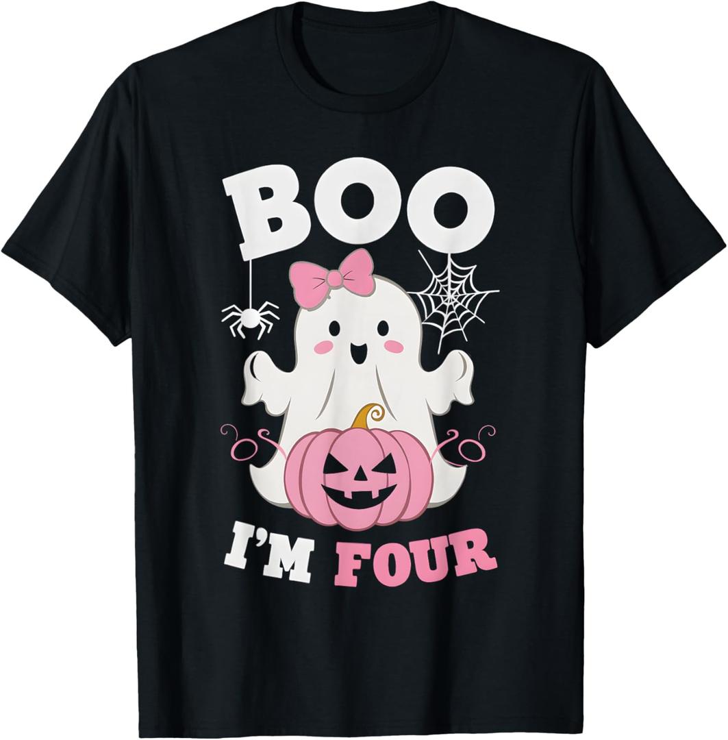 Ghost Boo I'm Four Year 4th Birthday Girls Halloween Groovy T-Shirt S