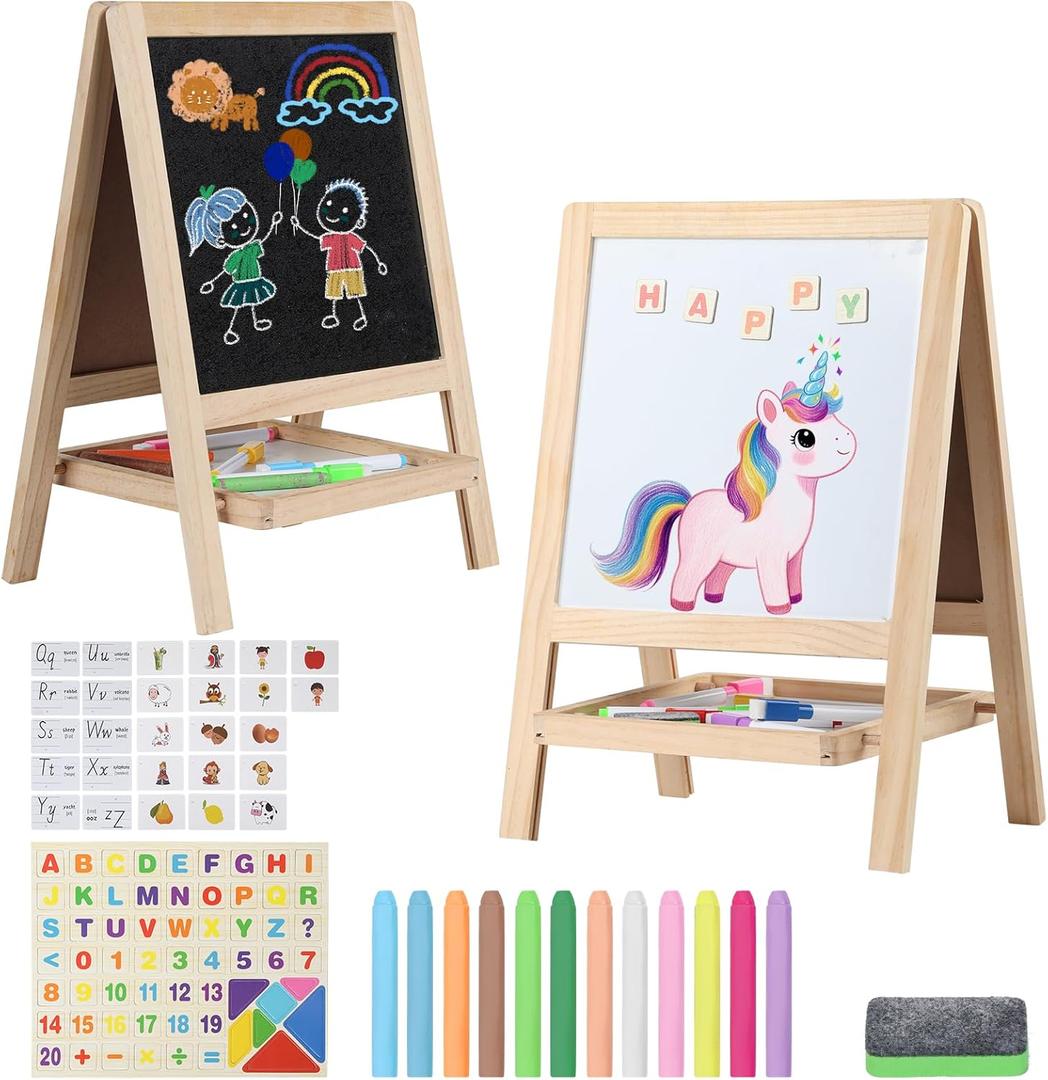 Tabletop Painting Wooden Art Easel for Kids - 4-in-1 Double-Sided Drawing Board for Toddlers 2-4, Chalkboard & Dry Whiteboard with Markers, Eraser, Magnetic Letters/Numbers & Flashcards