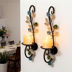 Candle Sconces Wall Sconce Candle Holder Set of 2, Antique Distressed Leaf Flower Wall Mount Metal Candleholder Hanging for Living Room Wedding Fireplace Farmhouse