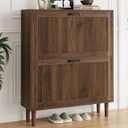 Smuxee Walnut Shoe Cabinet with 2 Flip Drawers, 31.5" Hidden Shoe Storage Cabinet with Small Fluted Doors, Freestanding Shoe Organizer Cabinet for Entryway, Hallway, Living Room