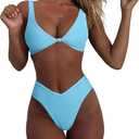 geluboao Bikini Set for Women Solid V Neck Knot Front Push Up High Leg Thong Two Piece Swimsuit (Blue, S)