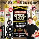 Roetyce 18th Birthday Decorations for Boys Girls, Caution Logos Happy 18th Birthday Banner Backdrop Balloons Hanging Swirls Kit, 18 Years Old Party Yard Door Wall Cover Background