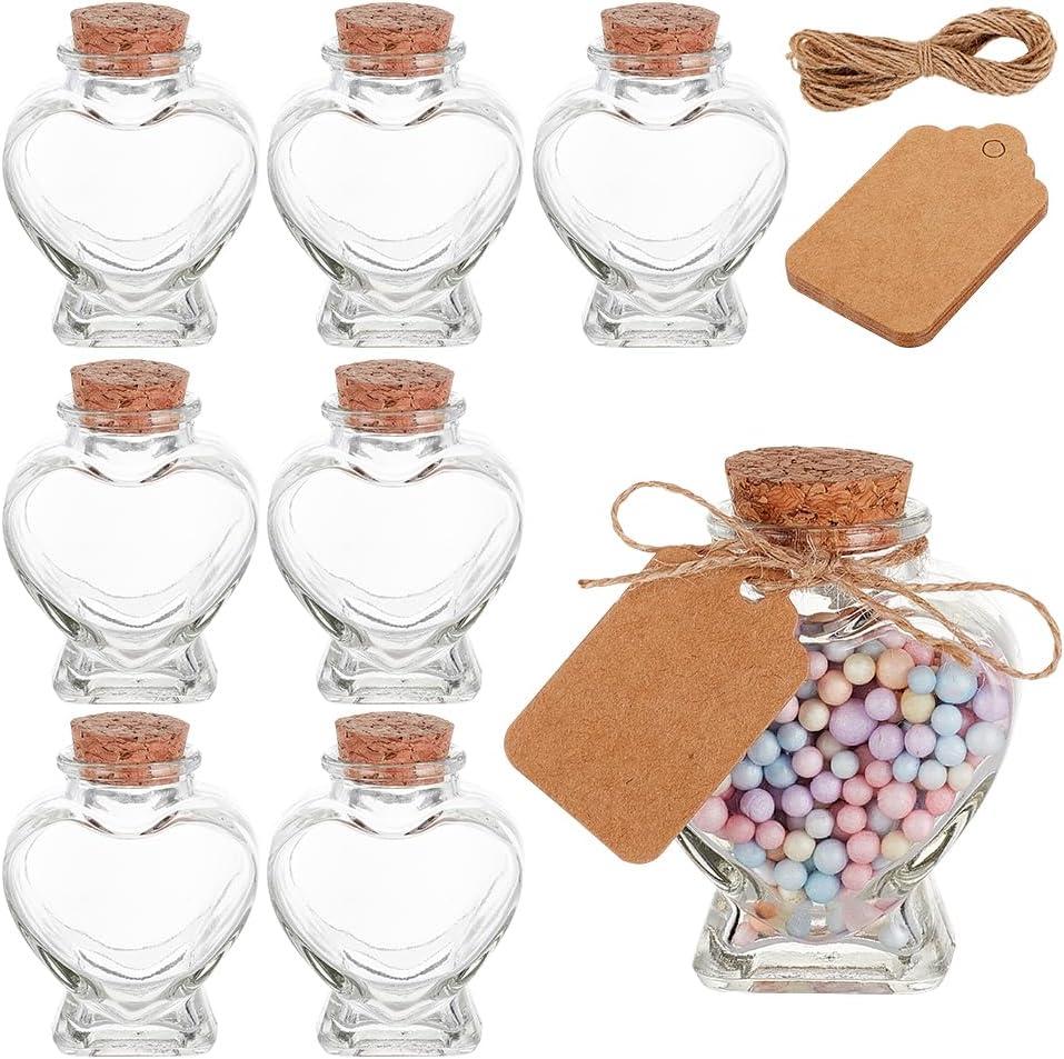 BENECREAT 8PCS 60ml Heart Shaped Glass Favor Jars with Cork Lids, Label Tags and String for Candy, Snacks Storage and Home Party Decortaion