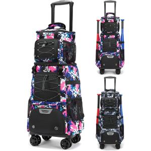 Wheeled Baseball Bag With Shoe Compartment - Lightweight Rolling Softball Bat Bag for Tball Gear & Equipment (Pink)