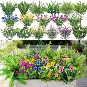 Alupssuc 24Pcs Artificial Flowers and Plants,UV Resistant & No Fade Fake Plastic Greenery Shrubs for Home Garden, Pathway, Front Porch-Spring Summer Decor, Indoor/Outdoor Use,Pink Purple Yellow Blue
