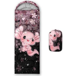 QOOMO Axolotl Cute Camping Sleeping Bags,3 Season Warm & Cool Weather,Lightweight,Waterproof Sleeping Bags for Adults & Kids,Traveling,and Outdoors (Axolotl Cherry Blossom)