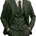 Retro 3 Pieces Men Suit Tweed Herringbone Suits for Men Formal Wool Jacket Dress Suit Vest Pants Wedding Prom Tuxedo (Green) XXL