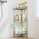 HapiRm Standing Corner Shower Caddy - 3 Tier Shower Organizer Corner with Soap Holder and 4 Hooks, Rustproof Bathroom Storage Shelves with Adhesives, Silver