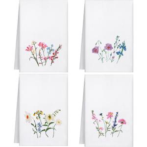 Geyoga 4 Pcs Floral Embroidery Fingertip Towels Wild Flowers Bathroom Hand Dish Towels Flower Bee Farmhouse Tea Washcloths for Bathroom Kitchen Summer Home Decor(White,Wildflowers)