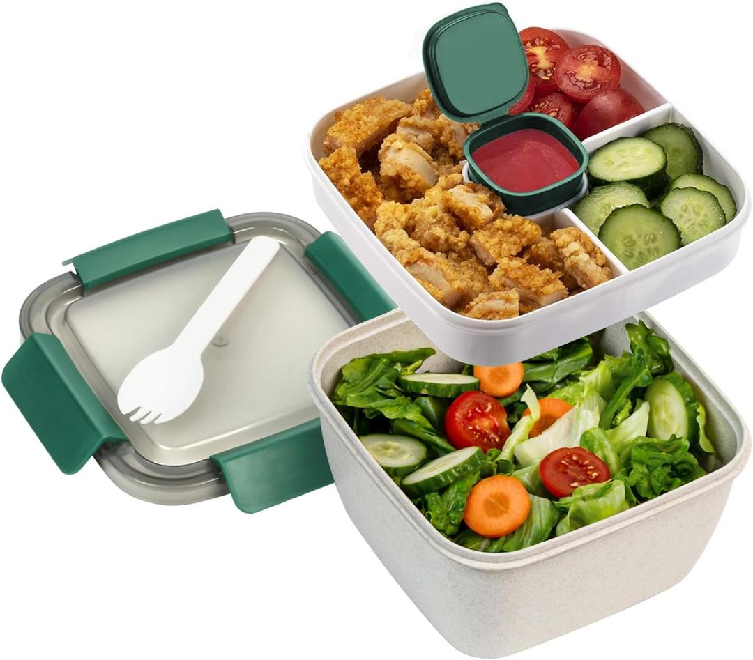 Freshmage Salad Lunch Container To Go, 52-oz Salad Bowls with 3 Compartments, Salad Dressings Container for Salad Toppings, Snacks, Men, Women (Straw White)
