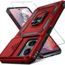 Janmitta Compatible with Moto G Power 5G 2024 Case Built in Slide Camera Lens Cover+Screen Protector+Finger Ring Holder Kickstand,Heavy Duty Shockproof Full Body Protective Phone Cover,Red