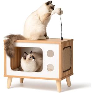 Cat House Wooden Condo Cat Bed Indoor TV-Shaped Sturdy Large Luxury Cat Shelter Furniture with Cushion Cat Scratcher Bell Ball Toys