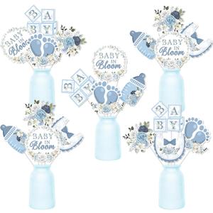 24Pcs Baby in Bloom Centerpiece Sticks Blue Floral Baby Shower Decorations Double Sided Printing Feeding Bottle Flower Table Toppers for Boys Baby Shower Gender Reveal Party Supplies