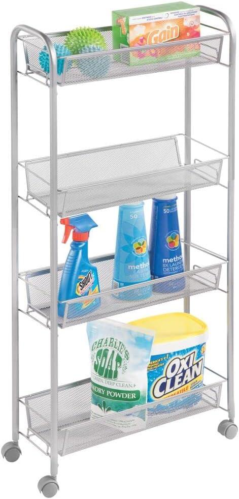 mDesign Slim Steel Metal Rolling Utility Cart Storage Organizer Trolley with 4 Basket Shelves for Laundry Room, Kitchen, Bathroom Organization - Narrow Holder for Detergent - Biro Collection, Silver