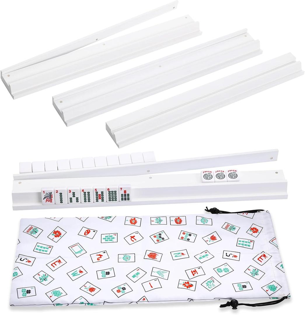 Mahjong Racks with Pushers, White Wooden American Mahjong Tile Pushers and Racks Set of 4, with White Printed Mahjong Racks Drawstring Bag, Mahjong Accessories (19.68 Inches), 19.68 x 2.55 x 1.06 inches