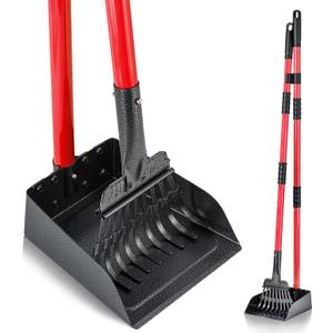 MXF Pooper Scooper, Dog Pooper Scooper Long Handle Stainless Metal Tray and Rake Set for Medium Small Dogs Heavy Duty - Use on Grass, Dirt or Gravel - Red