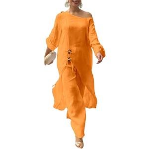 CHICME Women 2 Piece Outfits Cold Shoulder Long Sleeve Top Wide Leg Pants Linen Matching Lounge Set M