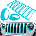 Front Grille Mesh Inserts & Headlight Cover for Jeep Wrangler JL JLU Unlimited Sport/Sports 2018-2023 Exterior Accessories Clip-in Grille Guard Cover Headlight Bezels Trim Ring (Light Blue 9PCS)