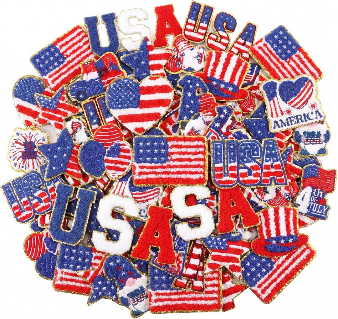 VioraWhite 48 Pcs 4th of July Chenille Patches Iron on Patriotic Sew on Embroidery Applique Sewing American Flag USA Cookie Patches for Clothing Jackets Jeans Hats DIY Accessory Craft Decorations