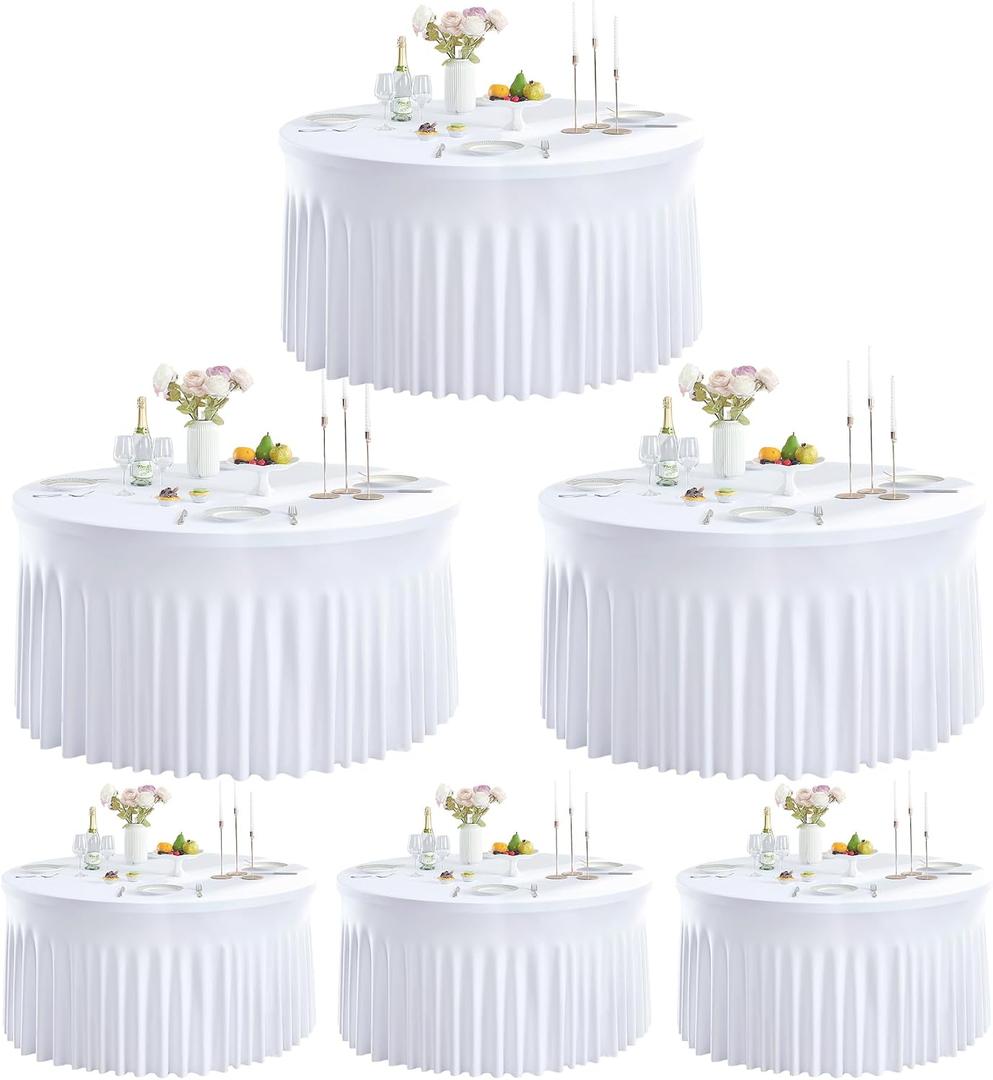 Outpain 6 Pack White Round Spandex Tablecloth for 48Inch/4FT Tables - Stretchy Table Cloth with Skirt, Wrinkle-Free Fitted Cloth for Wedding Vendor, Banquet & Graduation Decor (108" Round)
