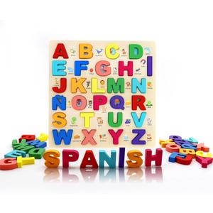 Mayaphilos Wooden Alphabet Puzzle, Learn Spanish for Kids with 27 Spanish Letters, Colorful ABC Shape Puzzles for Kids, Preschool Educational Learning Toys for Girls and Boys