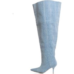 Women's Wide Calf Thigh High Heeled Boots Stiletto Cone Heel Boots Pointed Toe Pull On Black Boot Heels for Women (Blue) 8.5