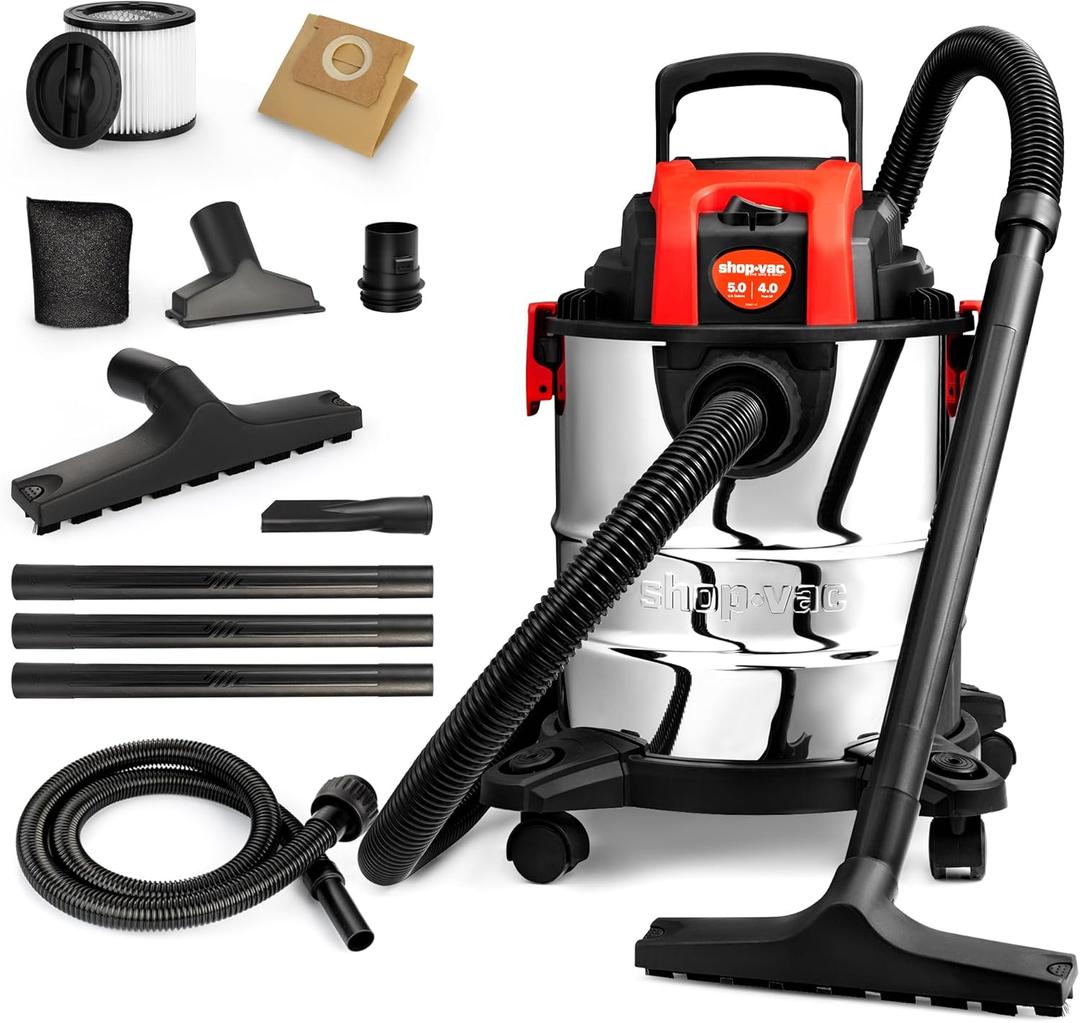 Shop-Vac 5 Gallon 4.0 HP Wet/Dry Vacuum with Blower Function, Stainless Steel Tank, Portable Shop Vacuum with Wheels, Includes Filters, Hose & Accessories, Ideal for Garage and Workshop