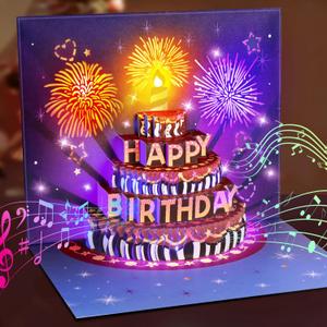 INPHER UPGRADED Birthday Cards Fireworks Pop Up Cake Light and Music Happy Birthday Gifts Decorations for Women, Men, Mom, Grandma (purple)
