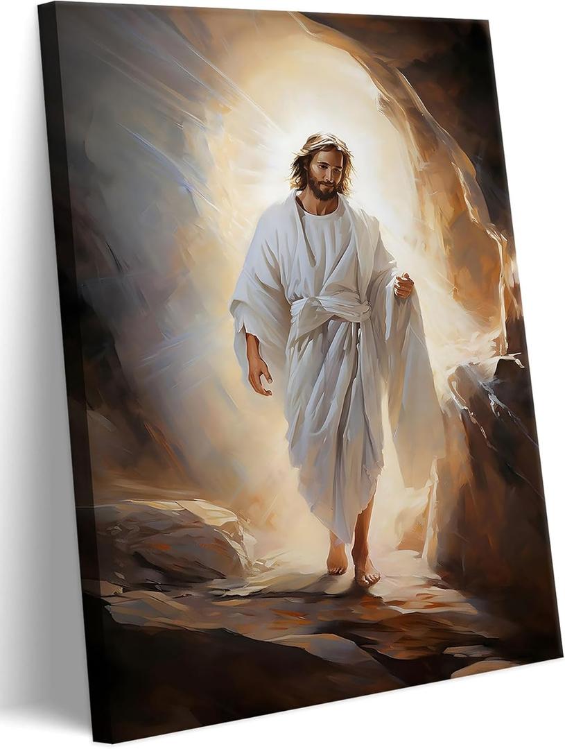 Resurrection of Jesus Canvas Wall Art Jesus Smiles Wall Decor Picture Christian Resurrected Savior Leaves the Tomb Poster Print for Church Prayer Room Bedroom Painting Artwork Home Decoration