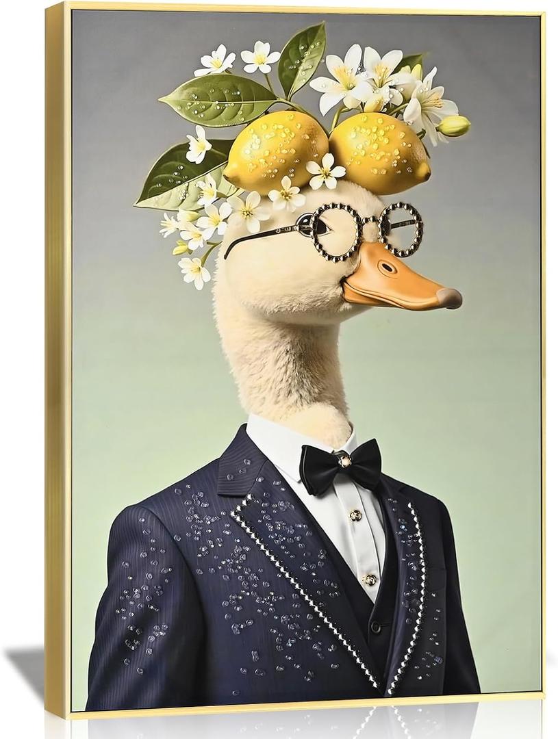 DRLWGTY Framed Abstract Animal Wall Art, Funny Duck in Formal Attire with Hand-applied Crystals, Vintage Poster for Bedroom Living Room, Ready to Hang 36"x24"