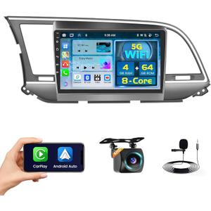 8 Core 4+64GB Android 15 Car Stereo for Hyundai Elantra 2015-2018 Wireless Carplay Android Auto, 9'' Touchscreen Car Radio with GPS, WiFi, 32EQ DSP, 59 UI, Bluetooth, FM RDS, Backup Camera