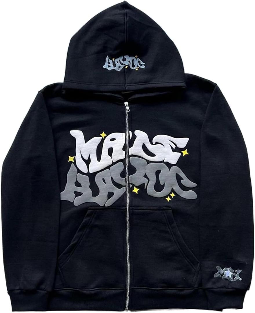 Y2k Hoodies Puff Print Hoodie Grunge Graphic Zip Up Hoodies Y2k Jacket Hip Hop Streetwear Aesthetic Sweatshirts (Medium, 1-black)