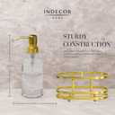 3 Piece Round Heavy Weight Glass Soap Lotion Pump Dispenser Set with Metal Caddy for Home Bath Kitchen Travel Office Hand Crafted Metal Tray Brushed Gold