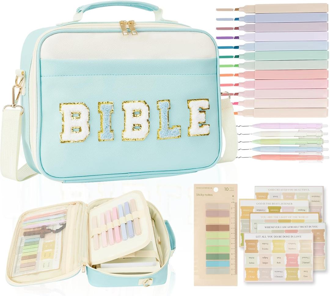 Bible Cover Case for Women Bible Study Supplies Bible Journaling Kit Large Preppy Chenille Letter Bible Tote Bag Carrying Case Christian Gifts for Girls (Blue, Large)