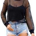 CLOZOZ Women's Mesh Crop Top See Through Fishnet Shirt Long Sleeve Crew Neck Sheer Cover Up