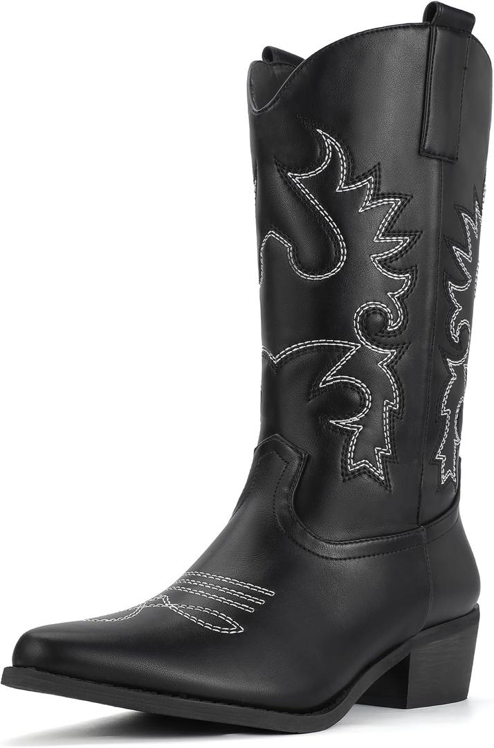 IDIFU Black Cowboy Boots for Women Cowgirl Western Mid Calf Embroidered Chunky Low Heel Pointed Toe Country Dress Cute Fashion Comfortable Boots Booties(Black Pu, 7.5)