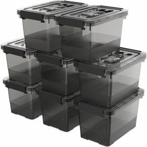 Black Plastic Storage Latch Bins, 8 Pack Clear Plastic Handle Box with Lids and Handle, Multi-Purpose, 4 Quart