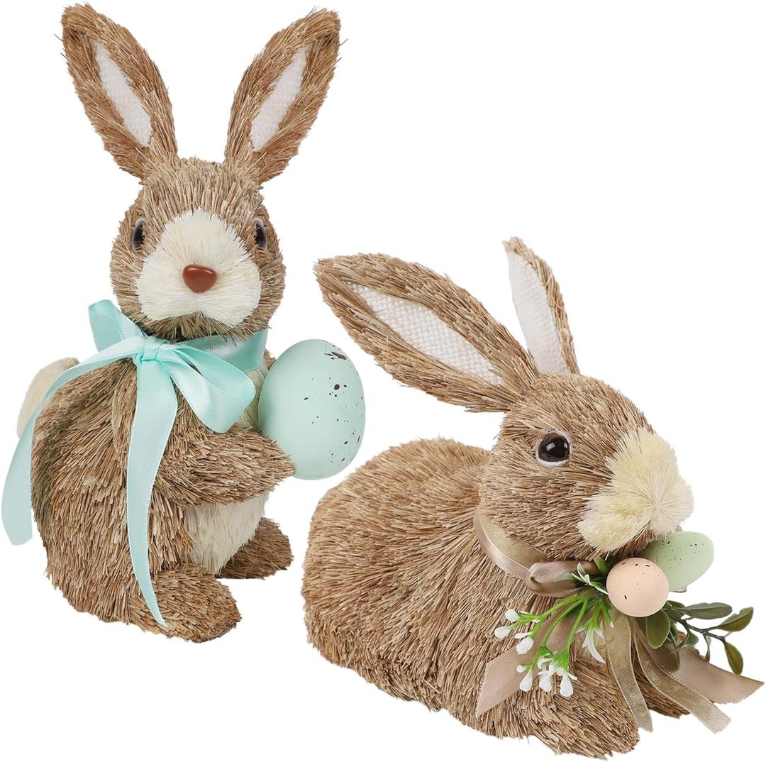 DR.DUDU Set of 2 Easter Decorations Bunny Figurines with Eggs, Spring Straw Rabbit Tabletop Decor, Rustic Sisal Bunny Statues Springtime Decor for Home Table Office Kitchen Farmhouse