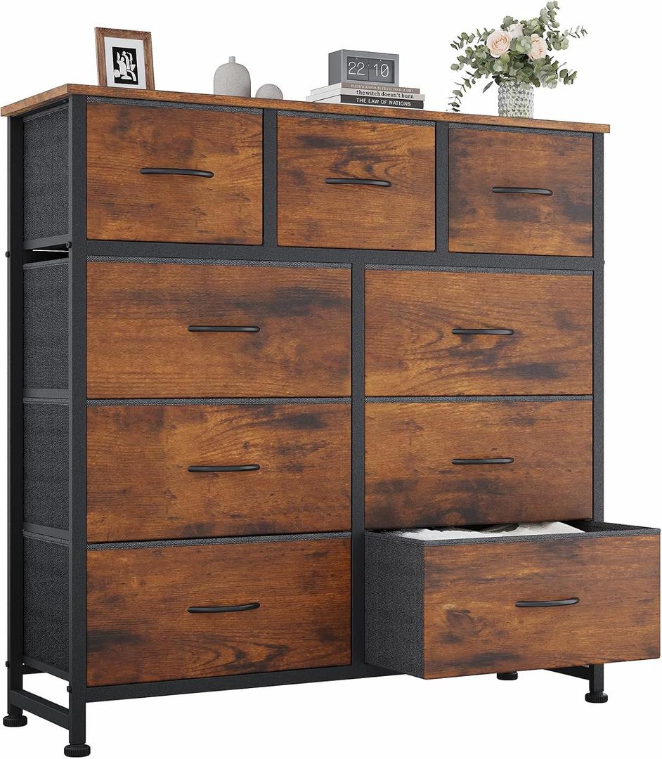 OLIXIS Dresser for Bedroom, 9 Storage Drawers, Wide Fabric Closet Chests Organizer Tower Furniture, TV Stand with Wooden Top Metal Frame for Clothes, Living Room, Hallway, Entryway, Rustic Brown, 39.4"D x 11.8"W x 39.9"H