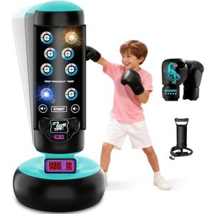 Punching Bag for Kids, 66 Inch Inflatable Boxing Bag with Boxing Gloves, Kid Boxing Set with Scoring, Light, Music, Stand Kids Punching Bag Toy for Age 4-12, for Practicing Karate, Taekwondo, MMA, Black