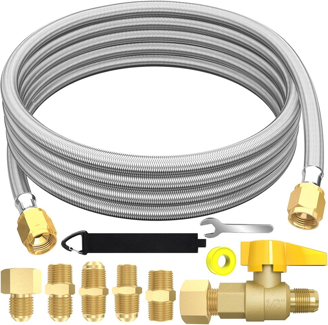 12FT 350PSI High Pressure Braided Propane Hose Extensions with Brass Gas Ball Valve, with Conversion Coupling 3/8" Flare to 1/2" Female NPT, 1/4" Male NPT, 3/8" Male for BBQ Grill, Fire Pit, Heater