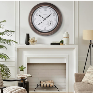 CLXEAST 18 Inch Illuminated Outdoor Indoor Atomic Analog Wall Clock with Temperature & Humidity, Lighted Outdoor Clocks for Patio Large Waterproof with Thermometer,Bronze Finish,House Warming Gifts