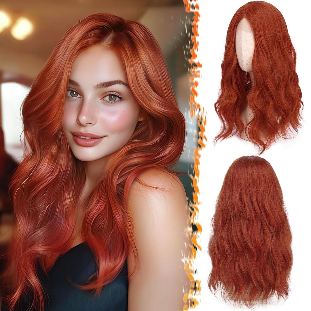 BARSDAR Medium Length Copper Auburn Wig - 18 Inch Wavy Copper Auburn Wigs for Women, Middle Part Natural Soft Wavy Synthetic Shoulder Length Wigs Cosplay Party Halloween Wig