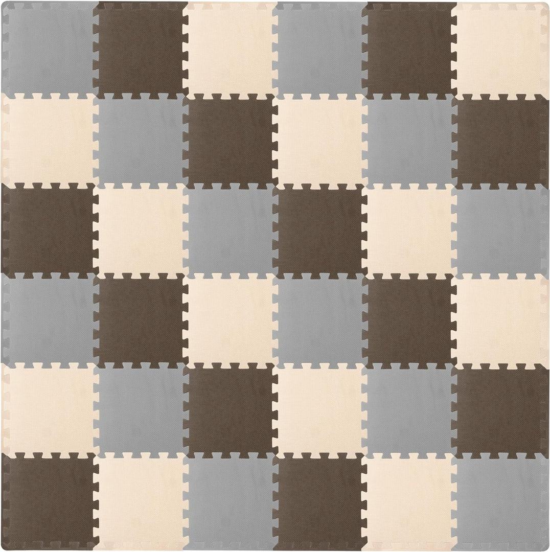 ProSource Baby Play Mat, Soft Foam Floor Tiles for Kids, Interlocking EVA Panels for Playpen Use, Crawling Development Surface, Safe Non-Toxic Toddler Flooring, 36 Tiles, Brown/Beige/Gray
