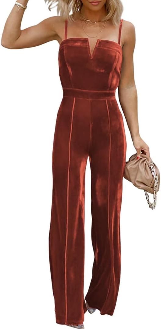 BLENCOT Sleeveless Velvet Jumpsuits For Women V Neck Spaghetti Straps Wide Leg Long Pants Dressy Rompers Winter Overalls S-XL (Large, Flamingo)