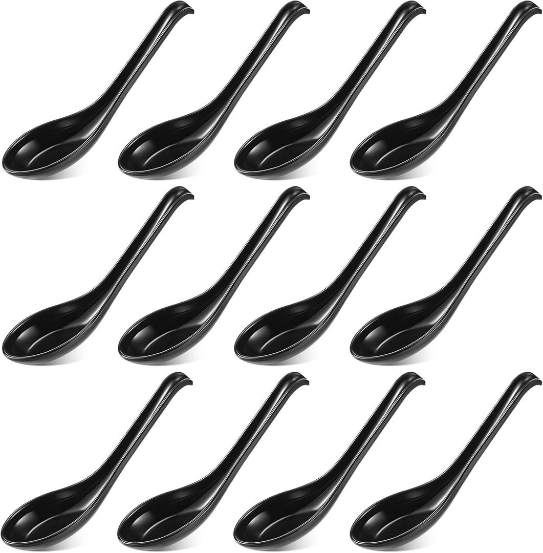 Patelai 12 Pieces Asian Soup Spoons Rice Noodle Japanese Soup Spoons for Home and Kitchen(Black)
