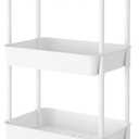 JIUYOTREE 3-Tier Plastic Rolling Storage Cart Utility Cart with Extra Hanging Cups Handles Lockable Wheels for Living Room Bathroom Kitchen Office White