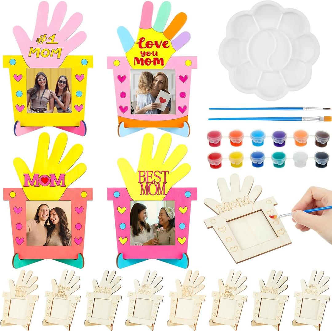 Gerrii 12 Pack Handprint Picture Frame Craft Kit, Wooden DIY Photo Frame Bulk with Paints, Color Your Own Handmade Gift for Mom Grandma from Daughter Son Tabletop Home Decor